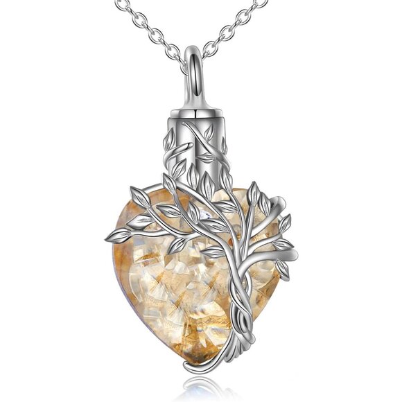 Sterling Silver Heart Tree of Life Urn Necklace with Citrine Crystal for Memoria - Picture 1 of 7